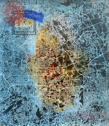 Jean David Nkot painting. Cameroonian Artist. Contemporary African art in Paris. AFIKARIS PARIS. Environmental issues. Bold colors. Colorful painting. 1-54 Marrakech. Abstract. Map.