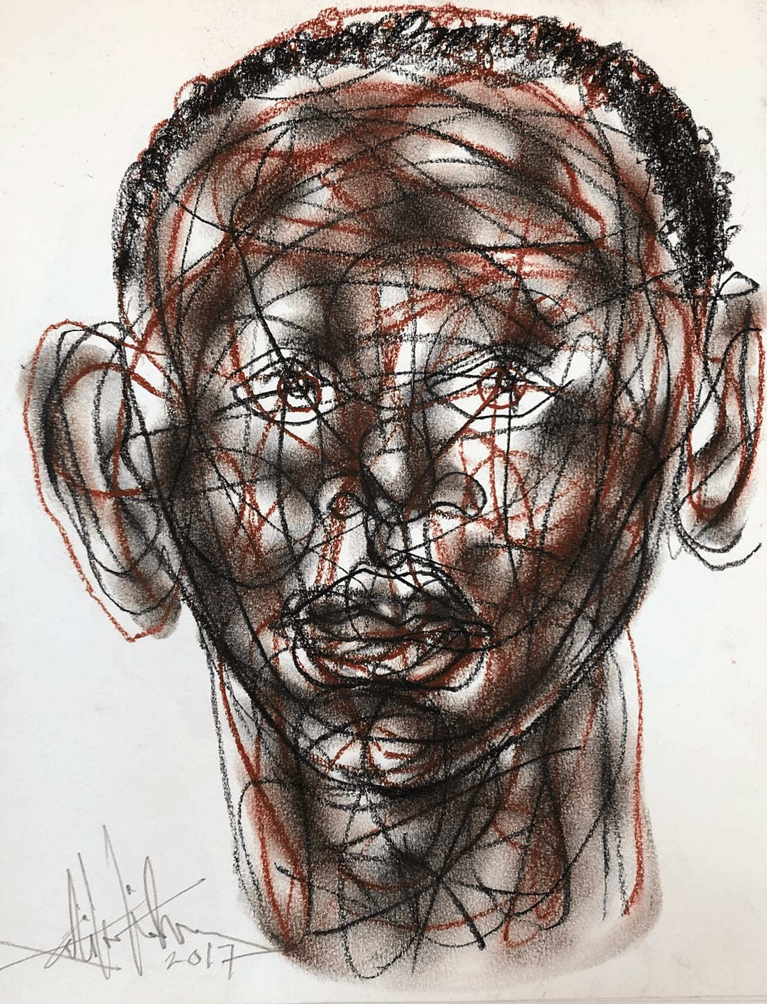Salifou Lindou painting. Cameroonian Artist. Contemporary African art in Paris. AFIKARIS Gallery Paris. Mixed media on canvas. Figurative portraits. Duality of human beings. Observation of society. Cercle Kapsiki.