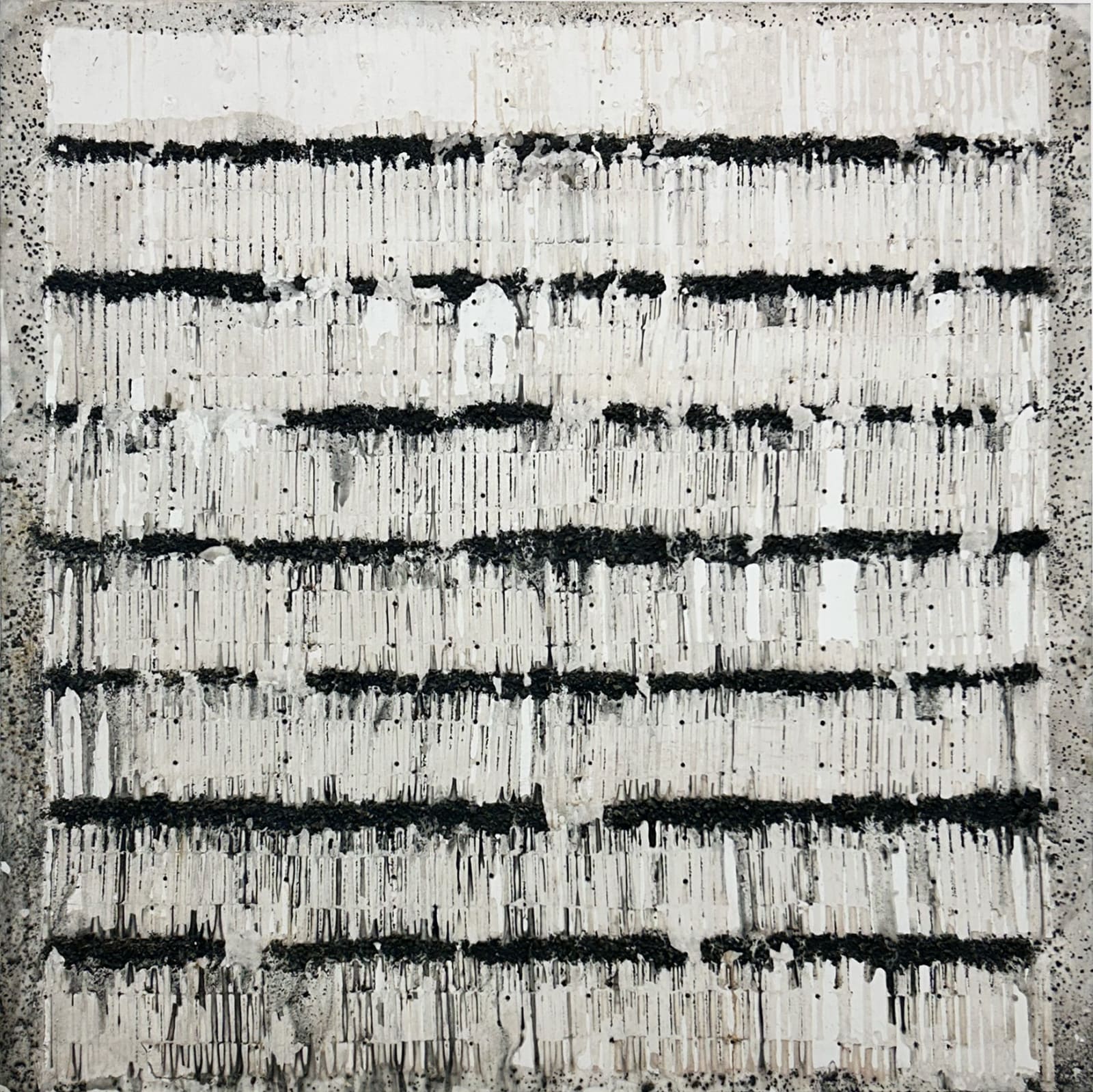 Mouhcine Rahaoui painting. Moroccan Artist. Contemporary African art in Paris. AFIKARIS PARIS. Mixed media (charcoal, wax, glue, plastic, wax, resin) on canvas. Installations. Experience and history of miners. Humans' fragility.