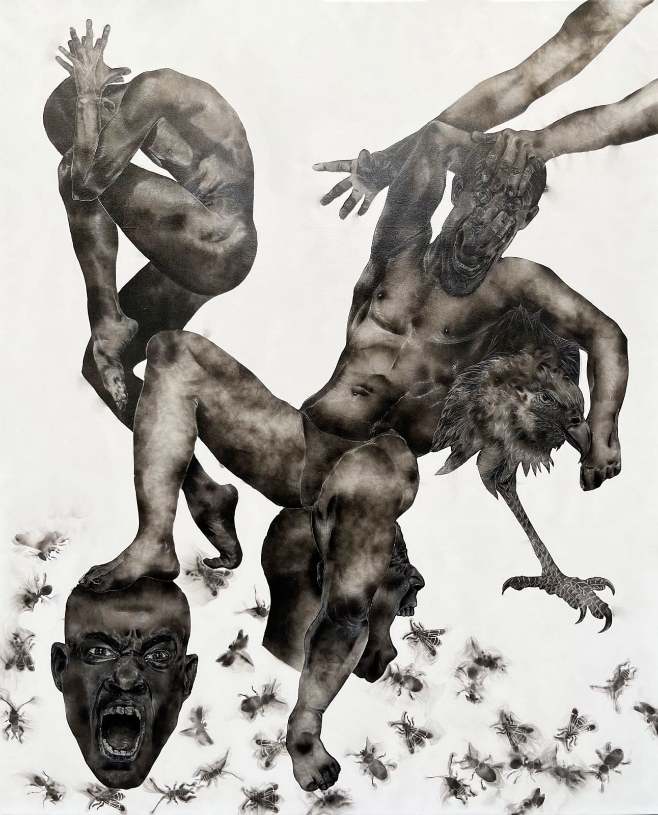 Géraldine Tobe painting. Congolese Artist. Contemporary African art in Paris. AFIKARIS PARIS. Smoke on canvas. Figurative painting. Black and white. Spiritual artworks. Feminist artist.