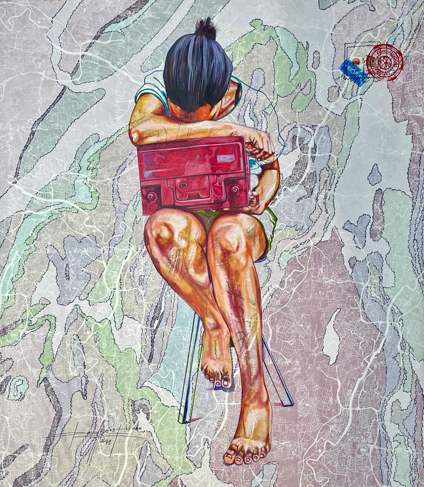 Jean David Nkot painting. Cameroonian Artist. Contemporary African art in Paris. AFIKARIS PARIS. Environmental issues. Bold colors. Colorful painting. 1-54 Marrakech. Figurative.