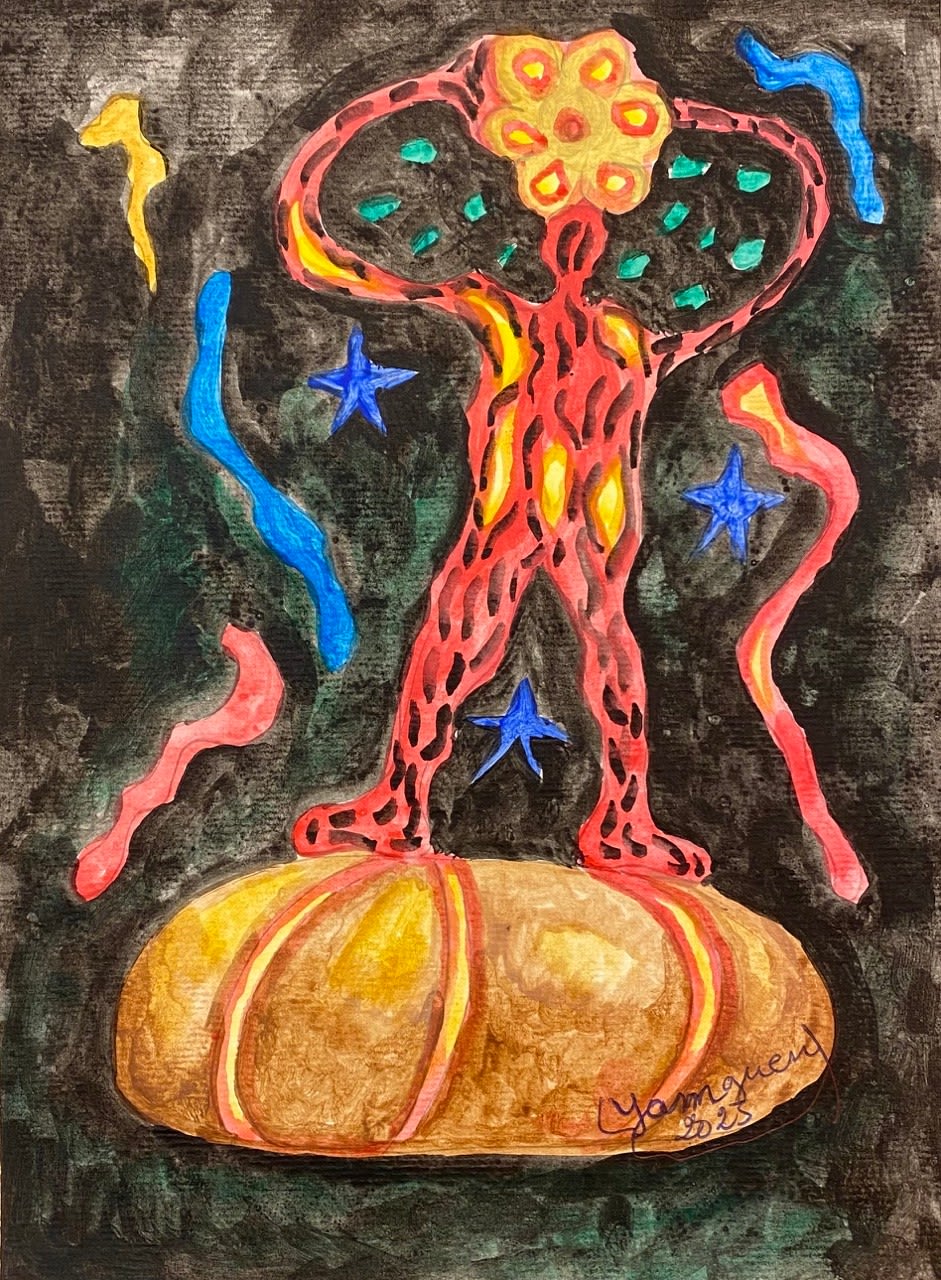 Hervé Yamguen drawing. Cameroonian historical Artist. Contemporary African art in Paris. Acrylic on paper. Colorful drawing. Abstract Figurative. Cercle Kapsiki.