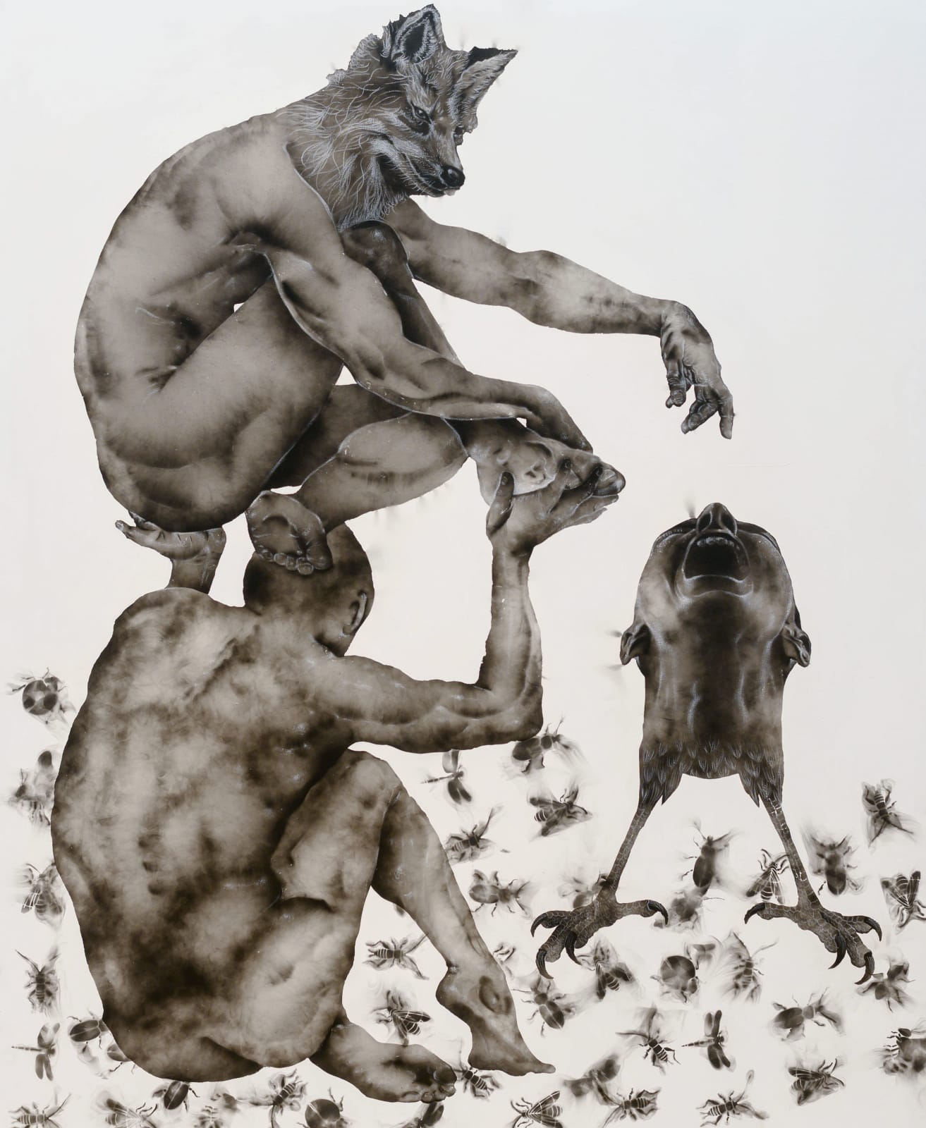 Géraldine Tobe painting. Congolese Artist. Contemporary African art in Paris. AFIKARIS PARIS. Smoke on canvas. Figurative painting. Black and white. Spiritual artworks. Feminist artist.
