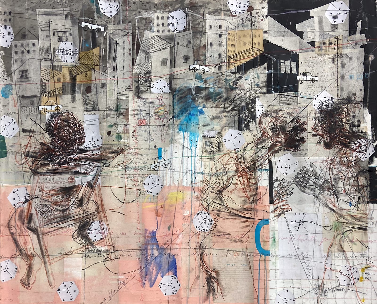 Salifou Lindou painting. Cameroonian Artist. Contemporary African art in Paris. AFIKARIS Gallery Paris. Mixed media (acrylic, clay, pastel, collage) on canvas. Figurative portraits. Duality of human beings. Observation of society. Cercle Kapsiki.