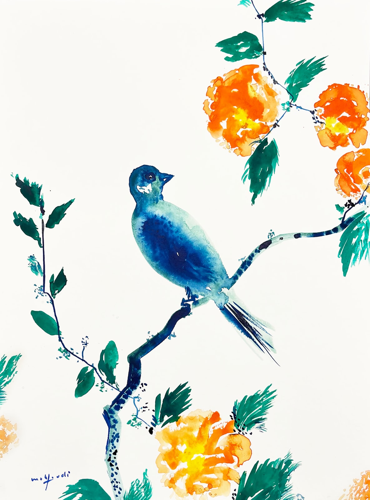 Ink on paper by Omar Mahfoudi. A blue bird with orange flowers. AFIKARIS Gallery. Untitled art Miami 2024