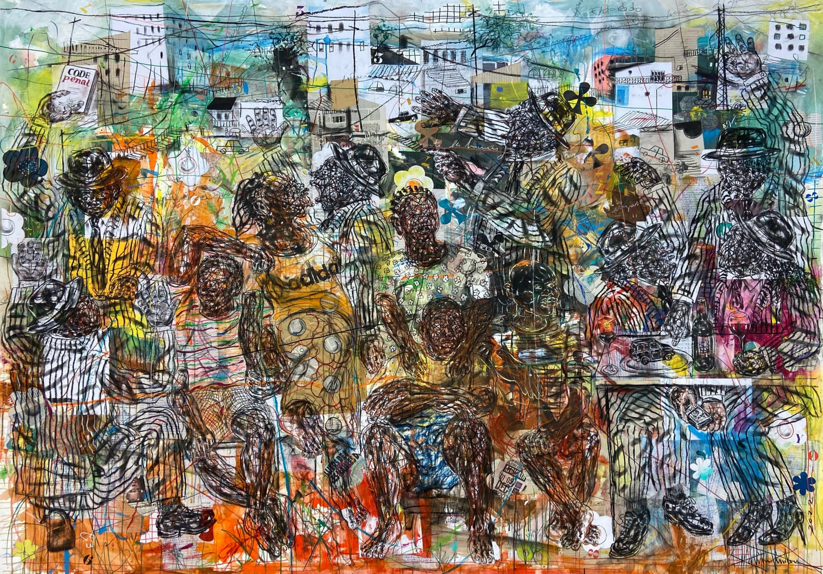 Cameroonian Artist. Contemporary Art from Africa. AFIKARIS Paris. Contemporary art gallery in Paris.Mixed media (acrylic, clay, pastel, collage) on canvas. Pyrography on sheet metal. Figurative portraits. Observation of society. Cercle Kapsiki.