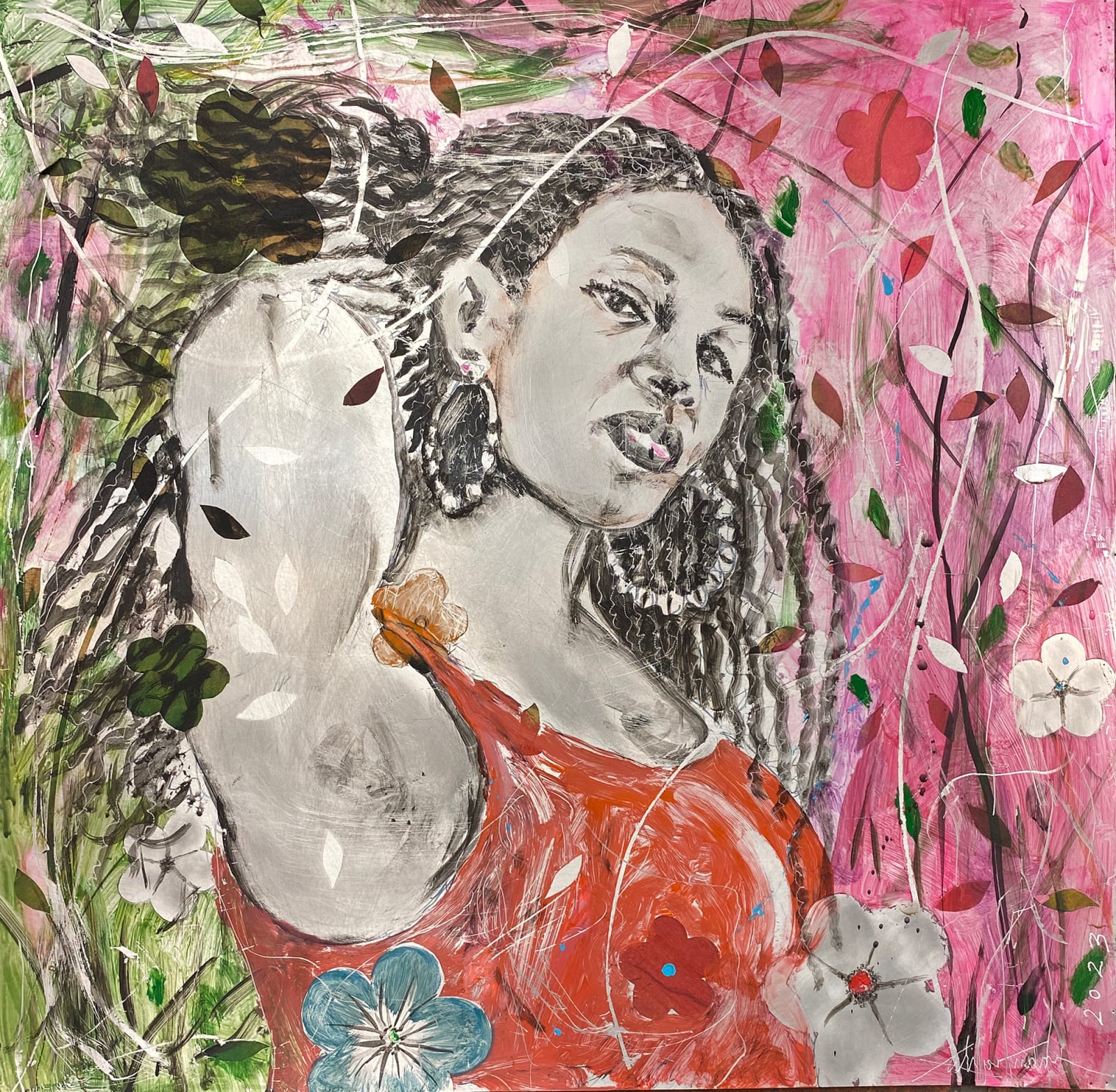 Salifou Lindou painting. Cameroonian Artist. Contemporary African art in Paris. AFIKARIS Gallery Paris. Mixed media on canvas. Figurative portraits. Duality of human beings. Observation of society. Cercle Kapsiki.