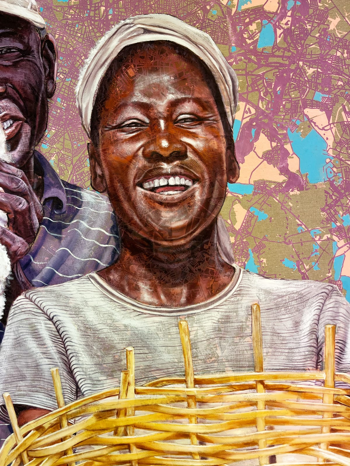 Jean David Nkot painting. Cameroonian Artist. Contemporary African art in Paris. AFIKARIS PARIS. Environmental issues. Bold colors. Colorful painting. 1-54 Marrakech. Figurative.