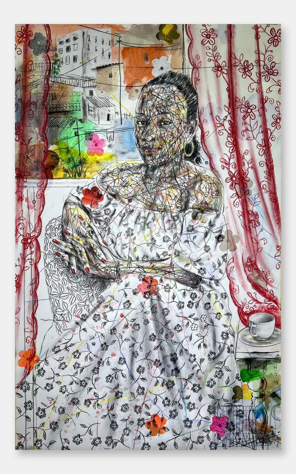 Salifou Lindou painting. Cameroonian Artist. Contemporary African art in Paris. AFIKARIS Gallery Paris. Mixed media on paper. Figurative portraits. Duality of human beings. Observation of society. Cercle Kapsiki.