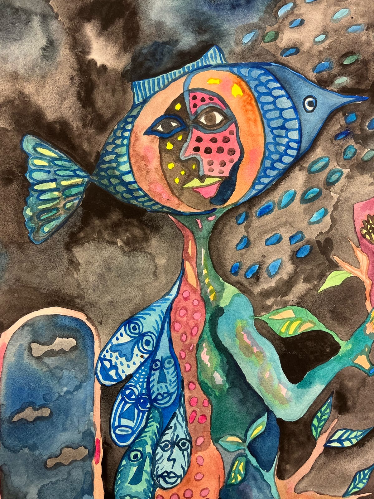 Cameroonian historical Artist. Contemporary African art in Paris. Acrylic on paper. Colorful painting. Abstract Figurative. Cercle Kapsiki.