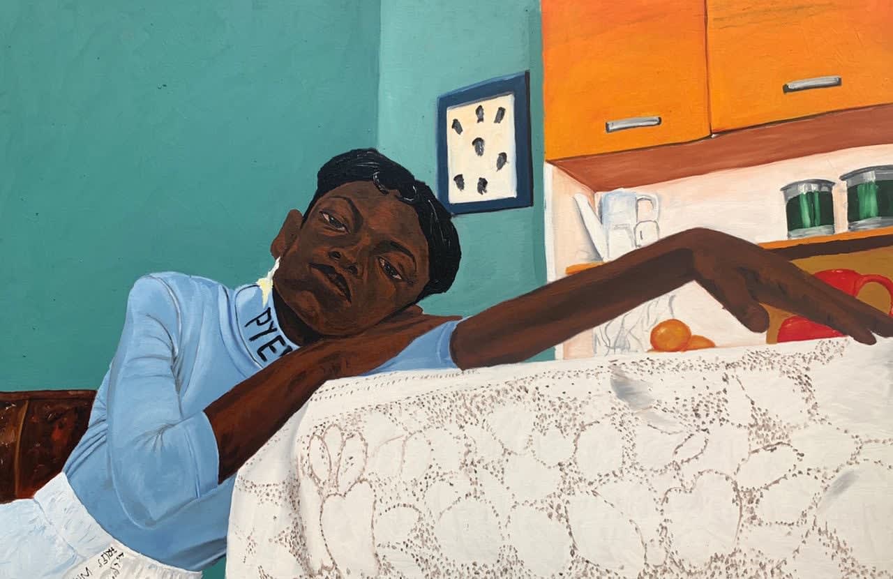 Matthew Eguavoen painting. Nigerian Artist. Contemporary Art Gallery. Oil on canvas. Figurative painting with a photographic vision. Mental health. Family portraits. Black Vanguard movement.