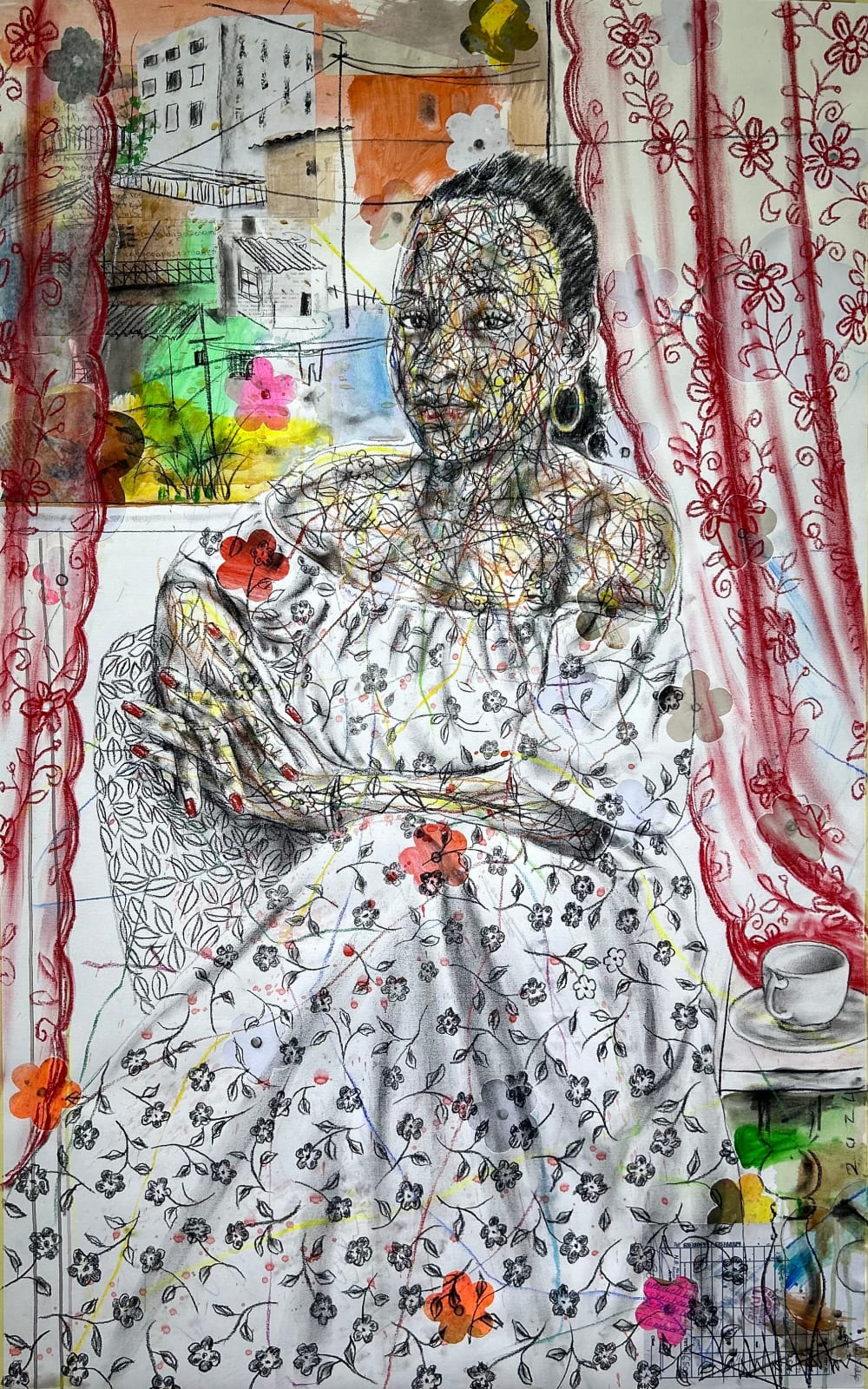Salifou Lindou painting. Cameroonian Artist. Contemporary African art in Paris. AFIKARIS Gallery Paris. Mixed media on paper. Figurative portraits. Duality of human beings. Observation of society. Cercle Kapsiki.