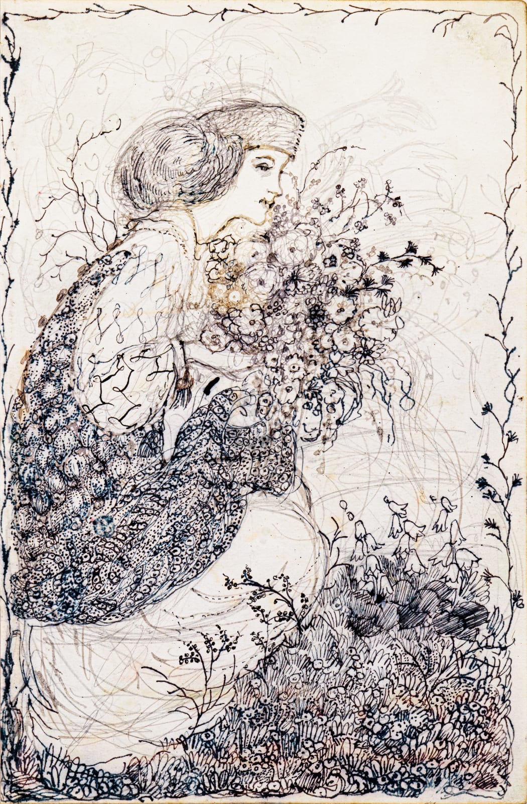 Annie French A Lady in historical dress gathering flowers