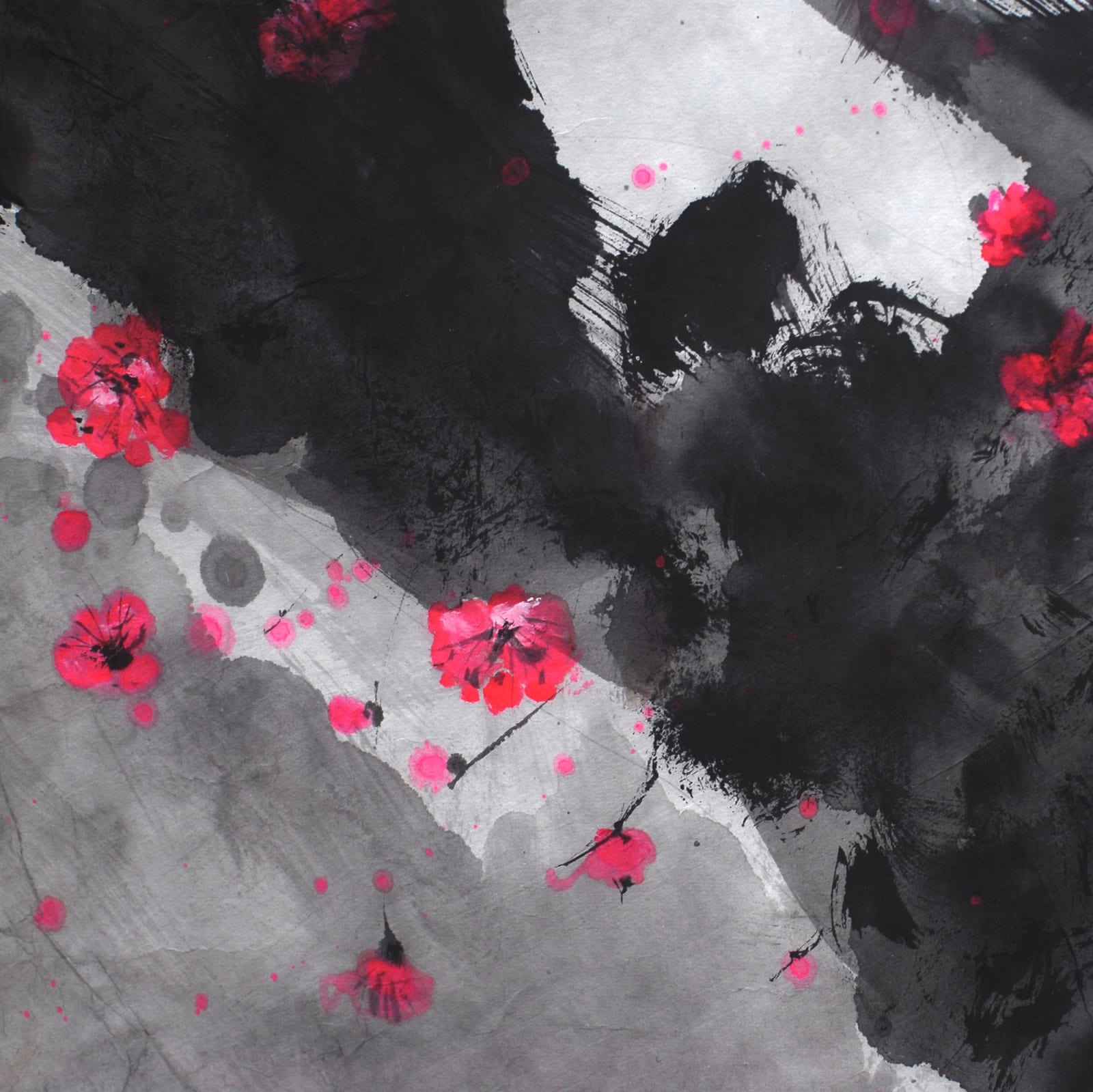 Painting of cherry blossoms, pink blossoms, black branches with grey touches