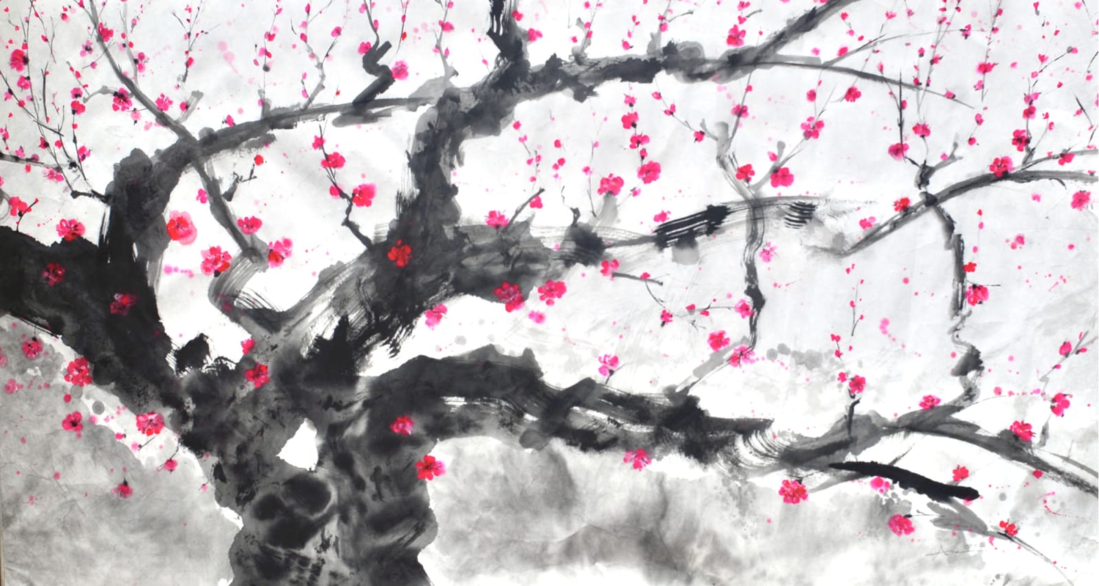 Painting of cherry blossoms, pink blossoms, black branches with grey touches