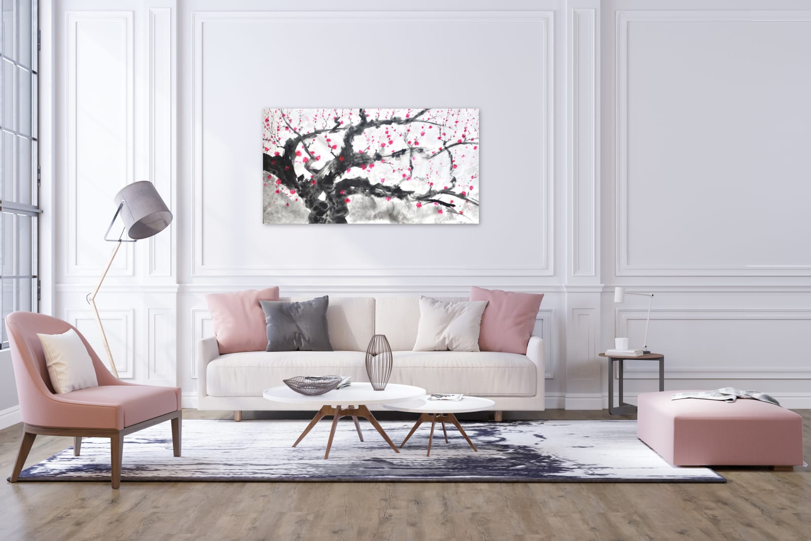 Painting of cherry blossoms, pink blossoms, black branches with grey touches on a wall in a modern living room