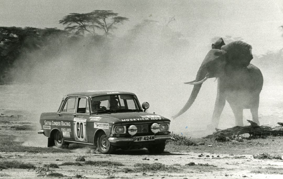 Mohamed (Mo) Amin, Aziz Tespar and Natu Vadgama racing through thge National Park in the East African Safari Rally, 1975