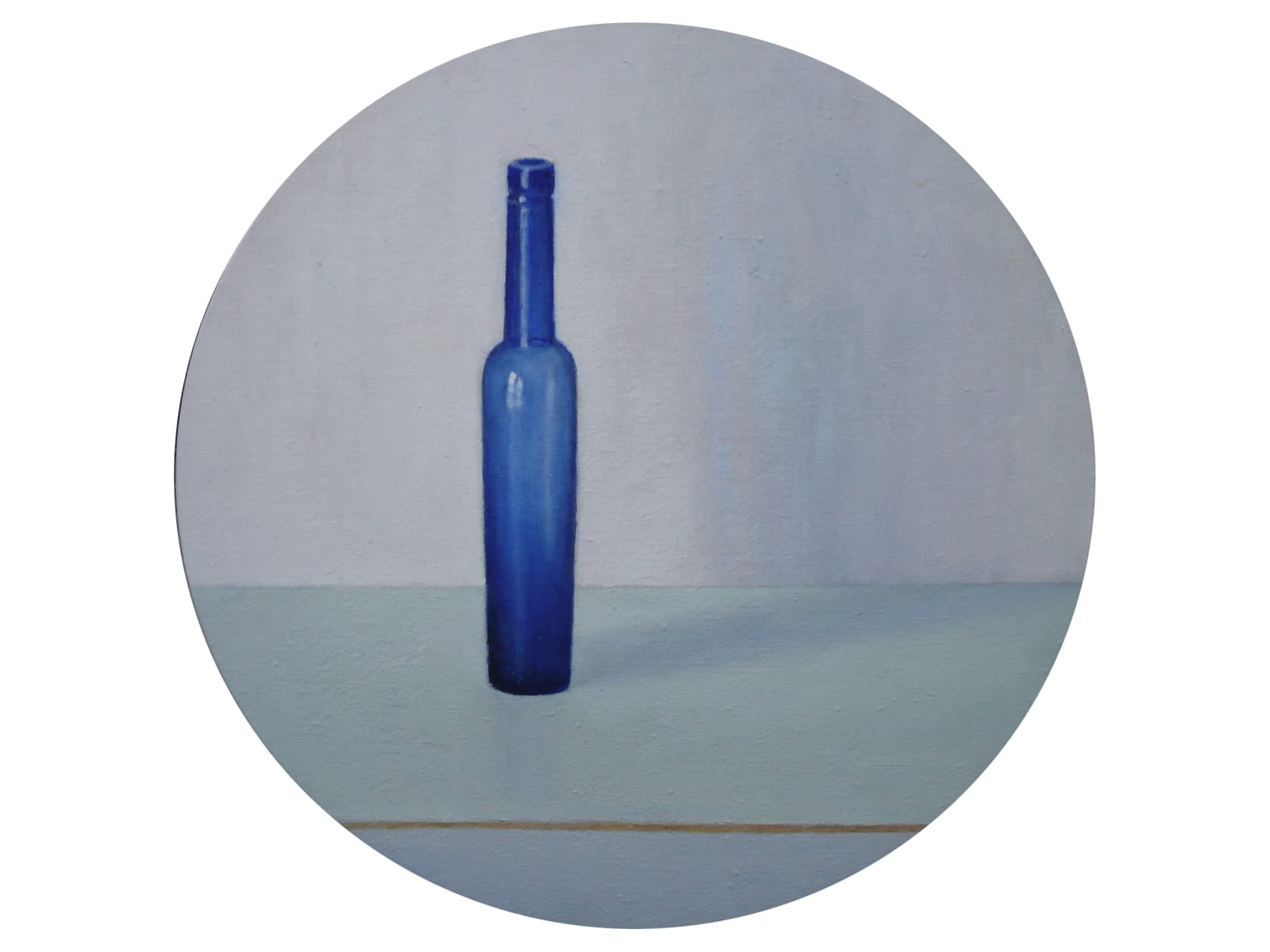 David Stubbs, Blue bottle on green and pink, tondo, 2023