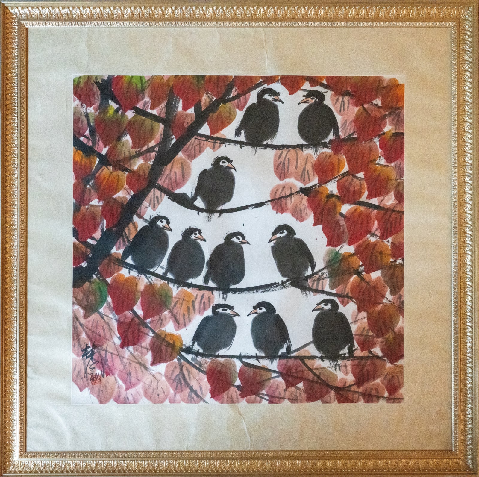 Lin Fengmian 林風眠, Red leaves and birds 紅葉小鳥