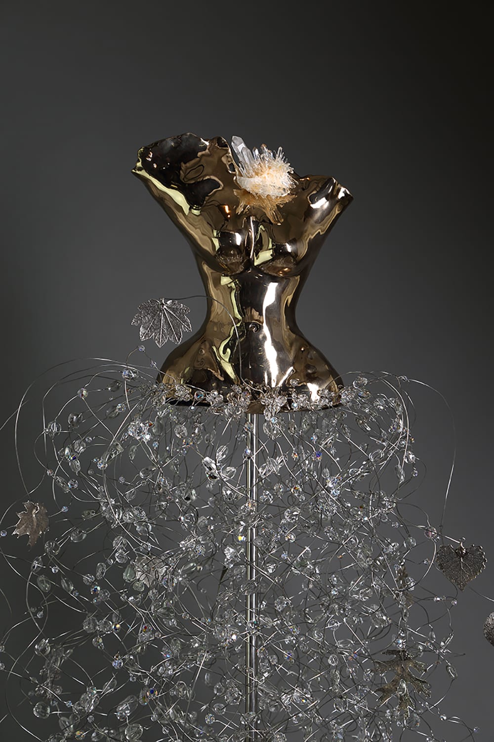 Estella Fransbergen, High Polish Bronze Torso with Quartz, Crystals and Silver Plated Leaves