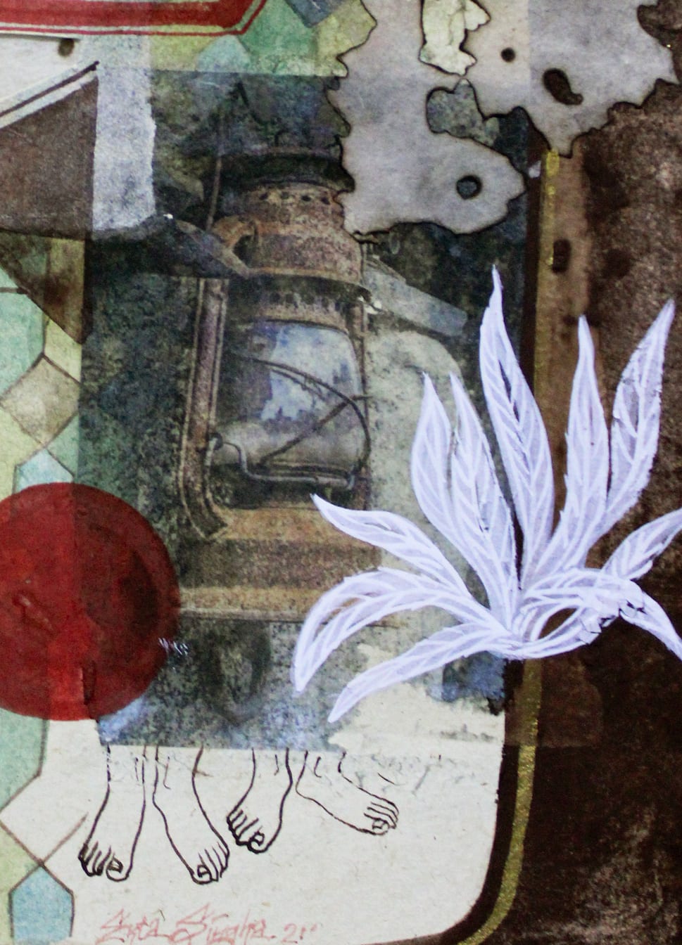 A colourful painting on Nepali paper pasted on three layers of wasli paper depicting patterns, motifs, architecture, portraits and text that represents the nostalgia of the artist for her ancestral lineage and home in Bangladesh