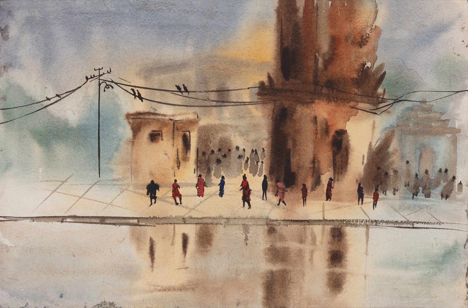 Landscape made with watercolour showing a building and silhouettes of people being reflected in water