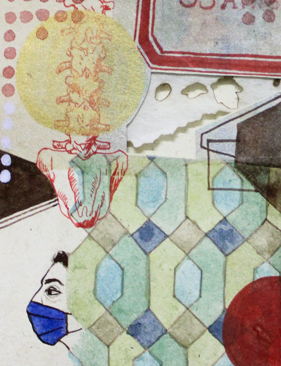 A colourful painting on Nepali paper pasted on three layers of wasli paper depicting patterns, motifs, architecture, portraits and text that represents the nostalgia of the artist for her ancestral lineage and home in Bangladesh
