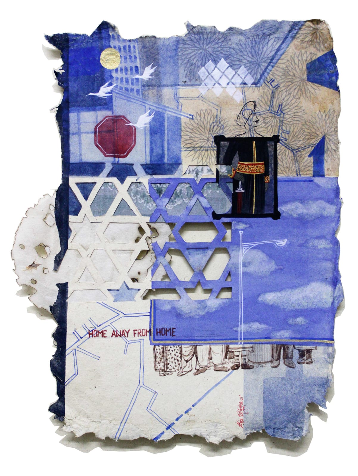 A painting with tones of blue, white, ochre and red on Nepali paper pasted on three layers of wasli paper depicting patterns, motifs, architecture, portraits and text that represents the nostalgia of the artist for her ancestral lineage and home in Bangladesh