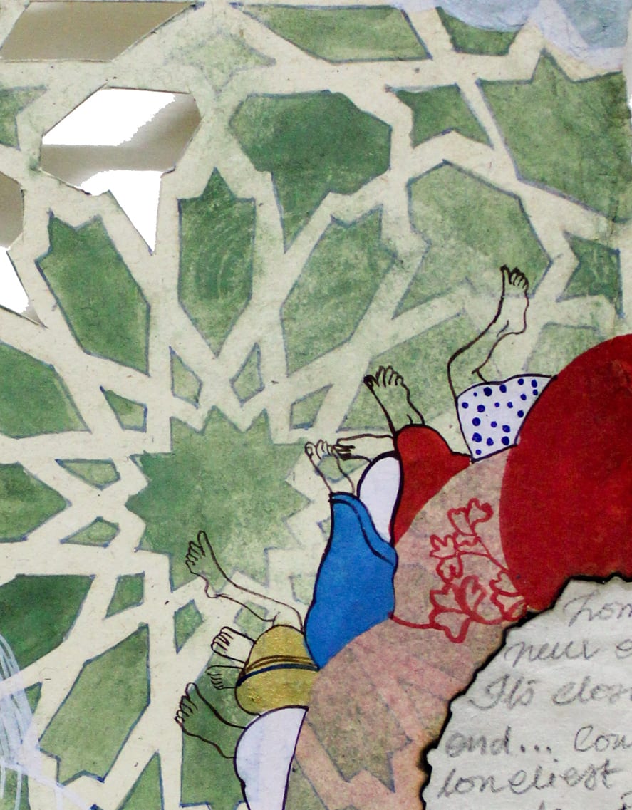 A colourful painting with a large red border on Nepali paper pasted on three layers of wasli paper depicting patterns, motifs, architecture, portraits and text that represents the nostalgia of the artist for her ancestral lineage and home in Bangladesh