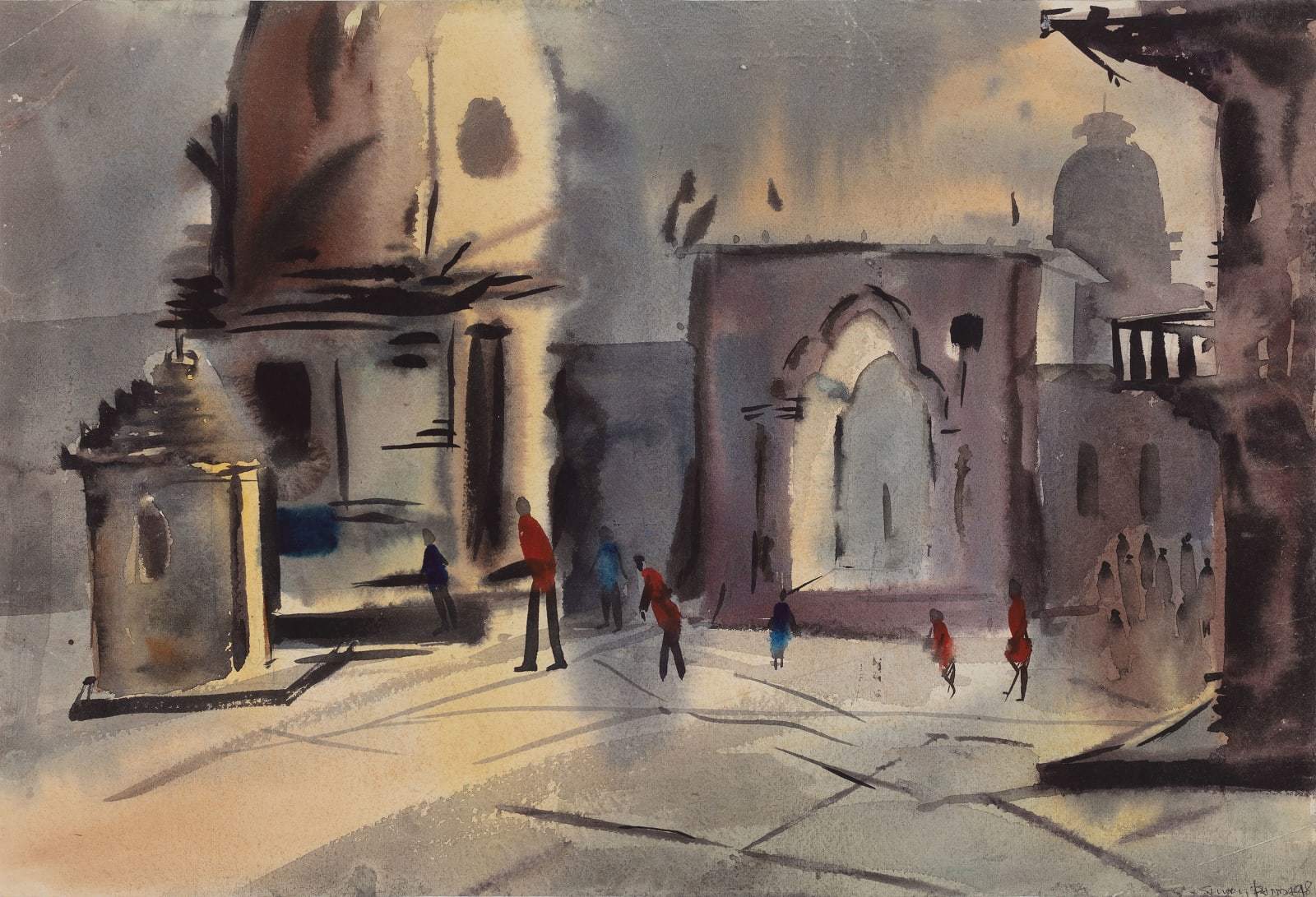 Landscape made with watercolour showing a temple facade with people walking around