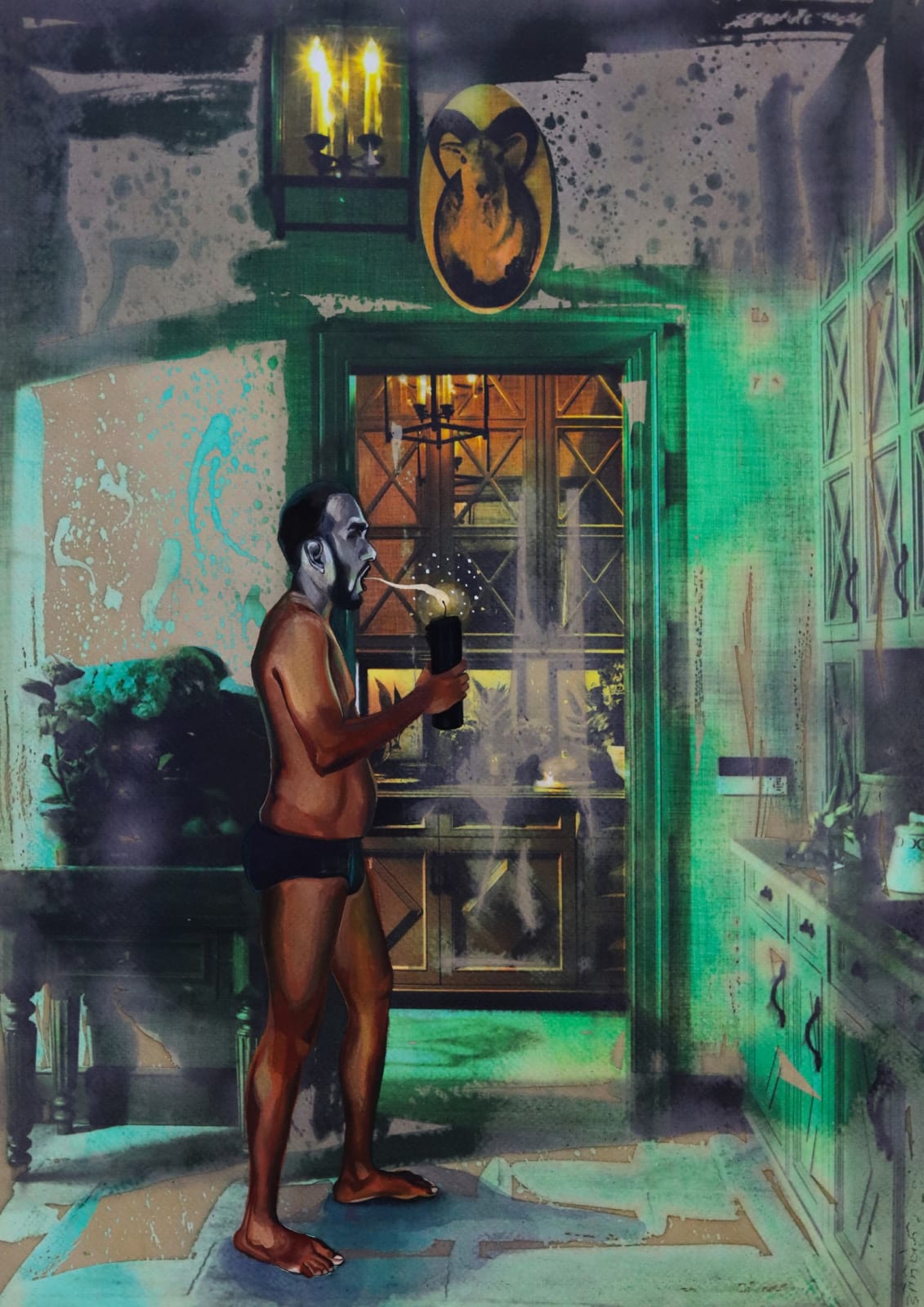 A mix media painting on hand-bleached inkjet print depicting an interior setting showcasing a bare chested light blue faced self portrait of the artist wearing black shorts holding a burning black candle
