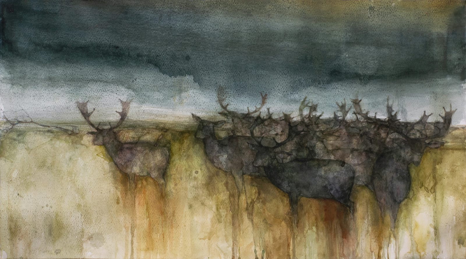 Landscape with deers made with watercolour