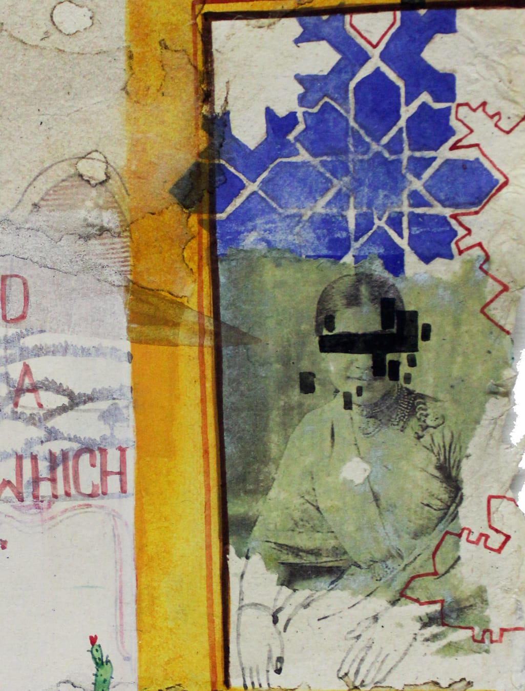 A colourful painting on Nepali paper pasted on three layers of wasli paper depicting patterns, motifs, architecture, portraits and text that represents the nostalgia of the artist for her ancestral lineage and home in Bangladesh