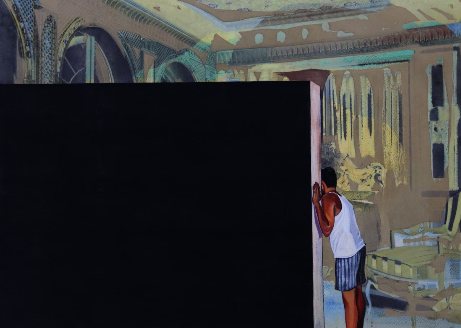 A mix media painting on hand-bleached inkjet print depicting an interior setting dominated by a black wall on which a self portrait of the artist wearing blue shorts and white vest leans with his face behind the wall is depicted as if he is eavesdropping