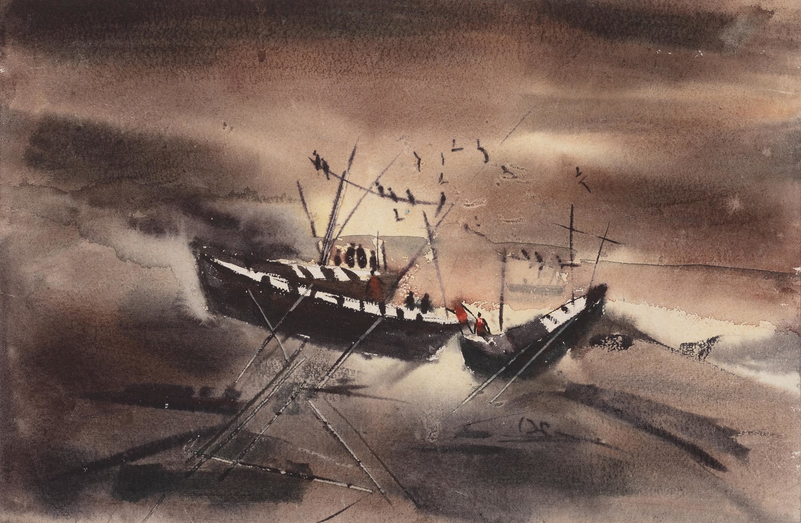 Landscape made with watercolour showing two boats in a sea caught in a current