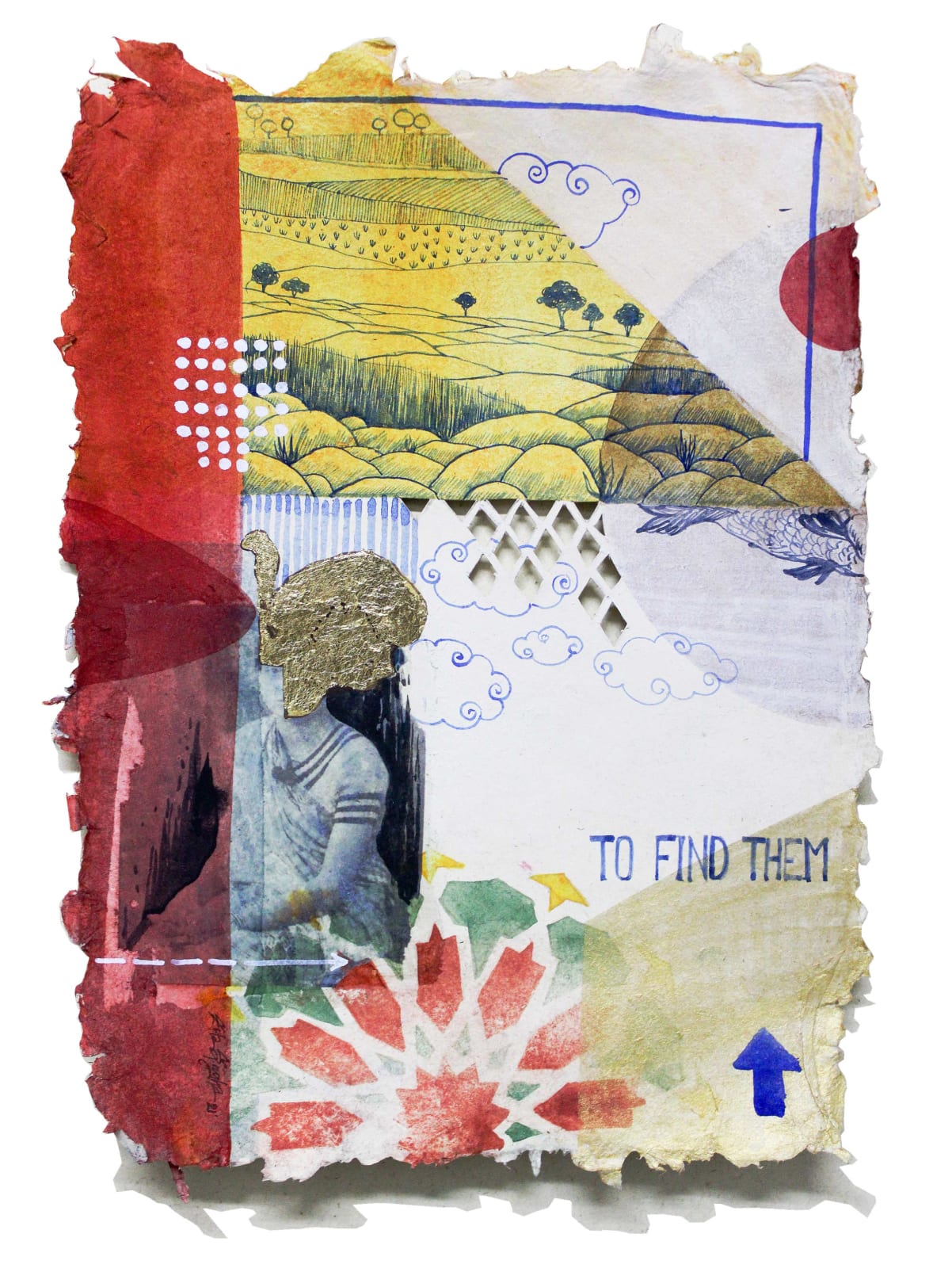 A multicolour painting on Nepali paper pasted on three layers of wasli paper depicting patterns, motifs, architecture, portraits and text that represents the nostalgia of the artist for her ancestral lineage and home in Bangladesh