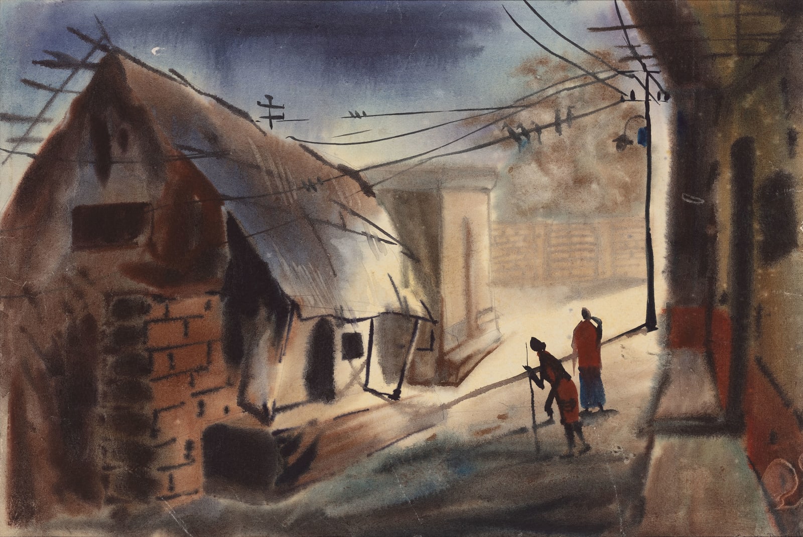 Landscape made with watercolour showing a village and silhouettes of people doing everyday chores