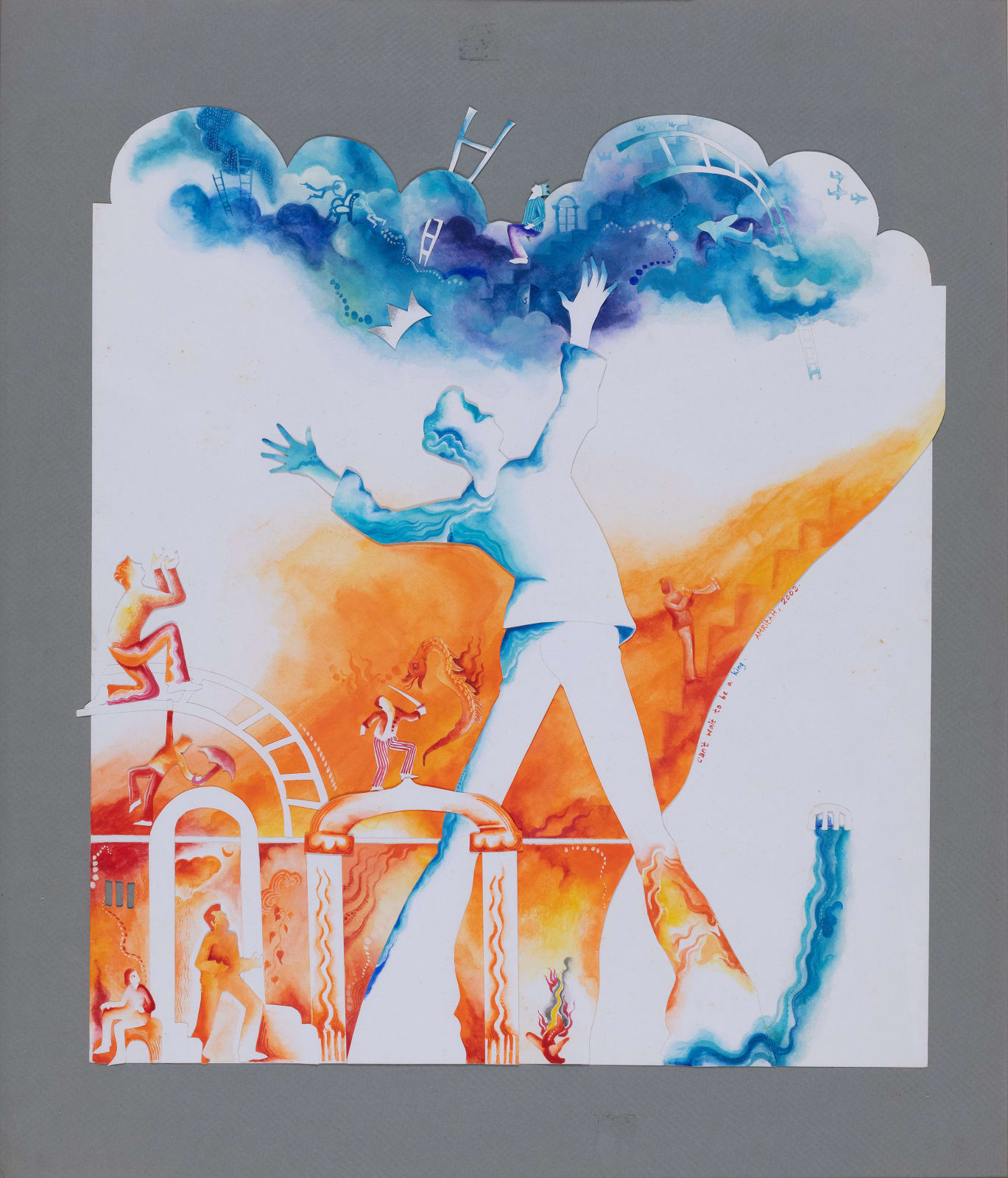 Artwork made in blue and orange depicting a man looking towards the sky with open arms with the paper cut out in the shape of clouds at the top