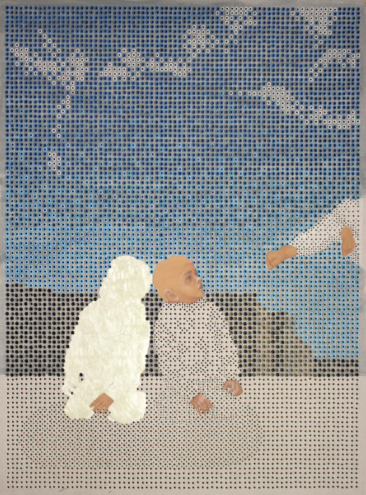An artwork on paper rendered in blue, white and grey colours depicting two children in the centre that merge with the pixelated background