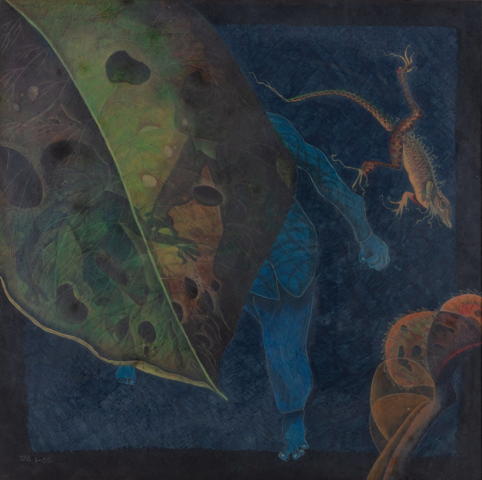 An abstract artwork made with earthly tones like green, brown, dark blue and mustard depicting a leaf and other animal and human forms with a bold use of line and colour