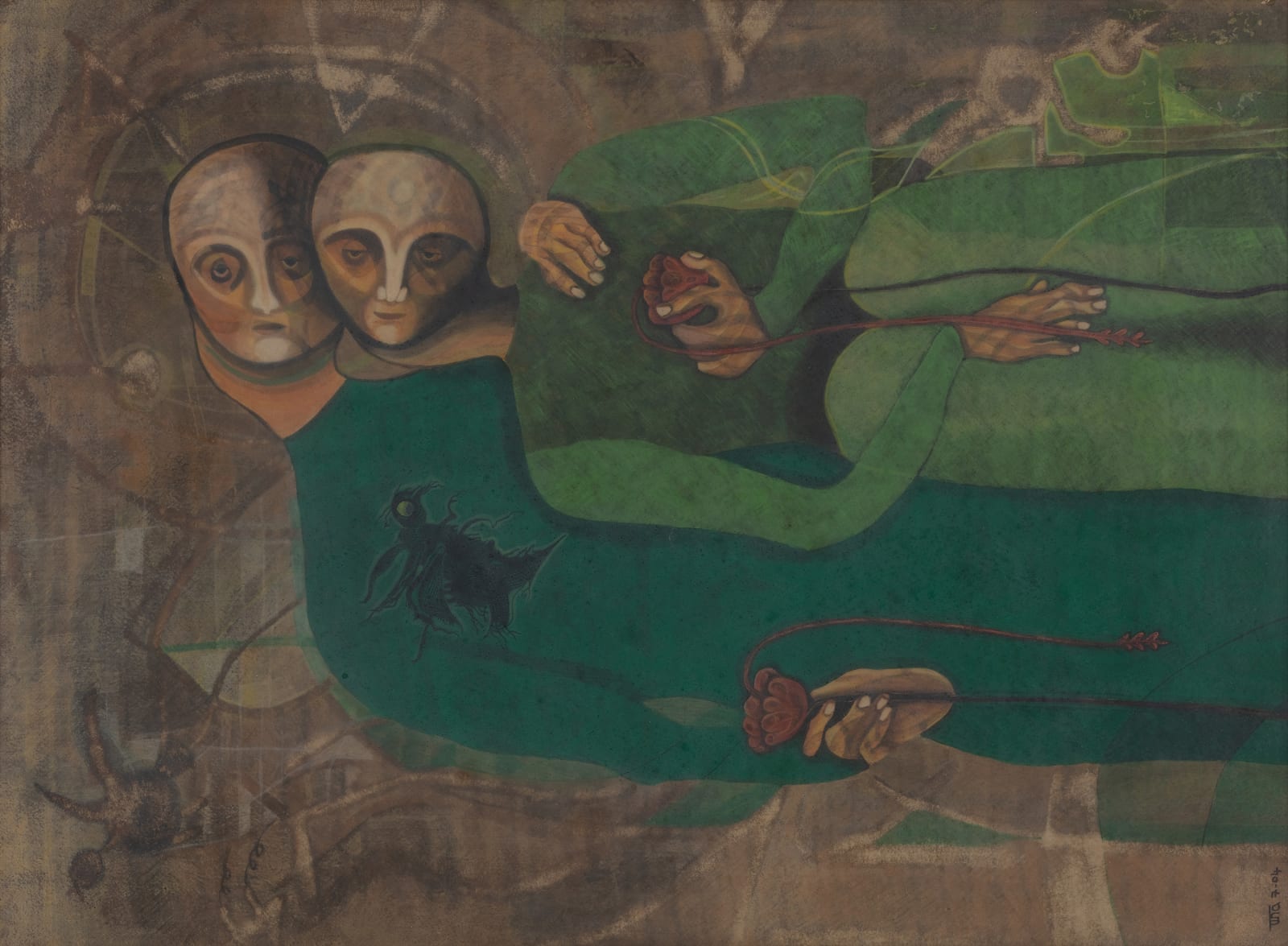 An abstract artwork made with earthly tones like green, brown and mustard depicting a couple with a bold use of line and colour