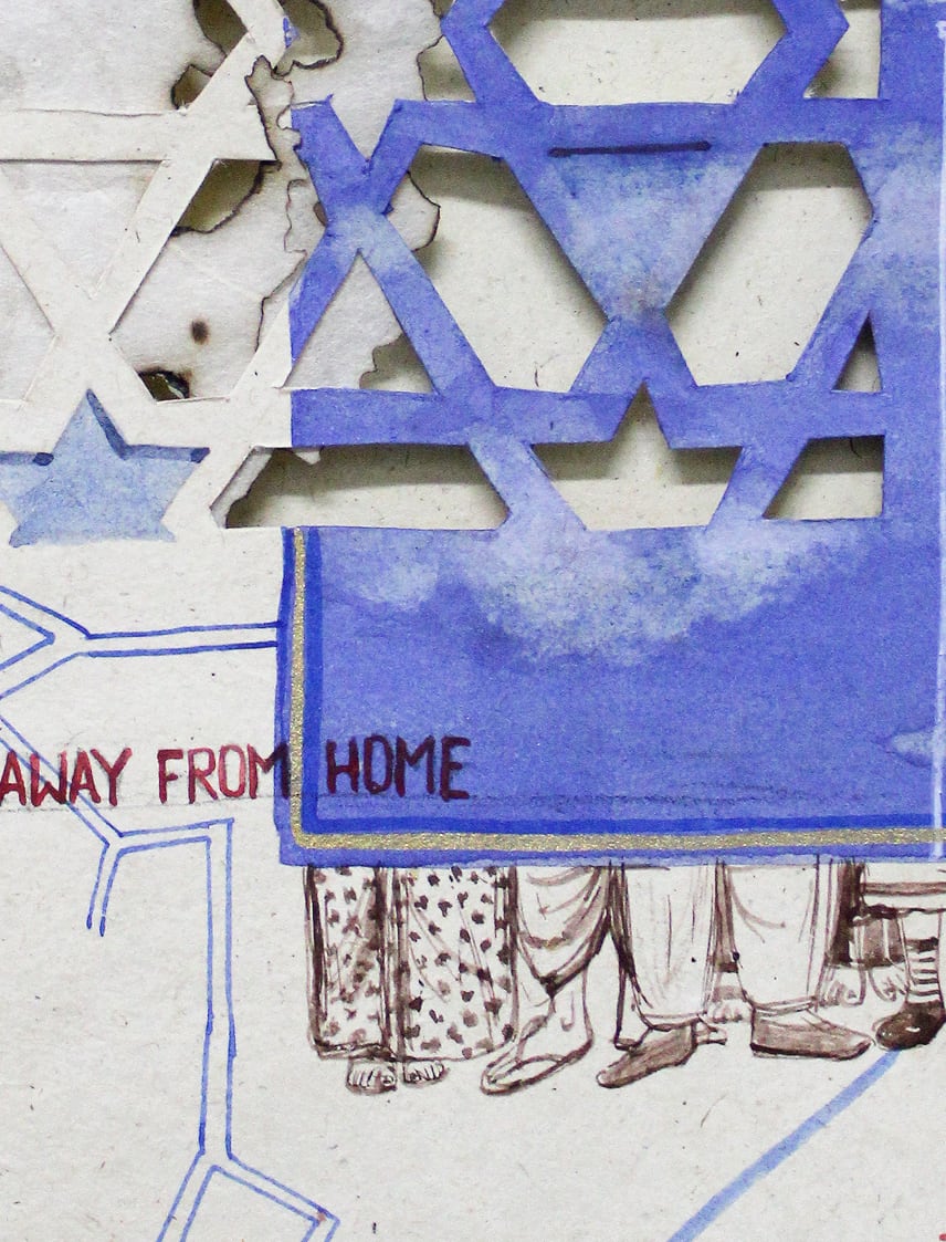 A painting with tones of blue, white, ochre and red on Nepali paper pasted on three layers of wasli paper depicting patterns, motifs, architecture, portraits and text that represents the nostalgia of the artist for her ancestral lineage and home in Bangladesh