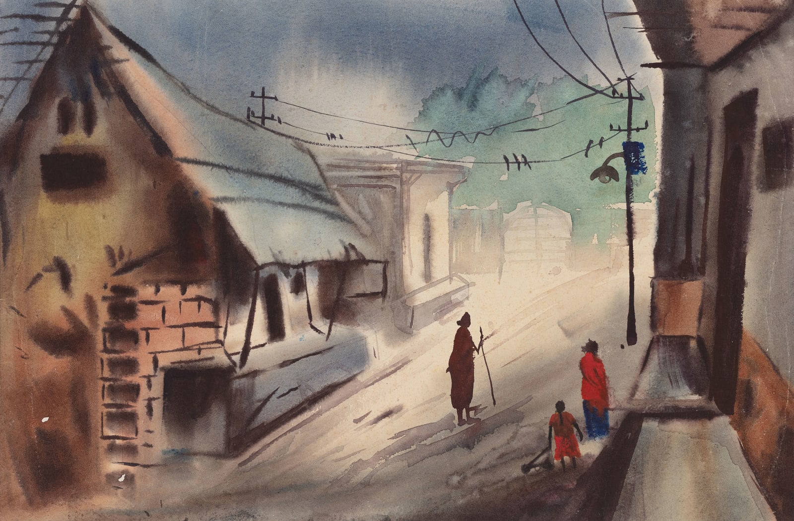 Landscape made with watercolour showing a village and silhouettes of people doing everyday chores