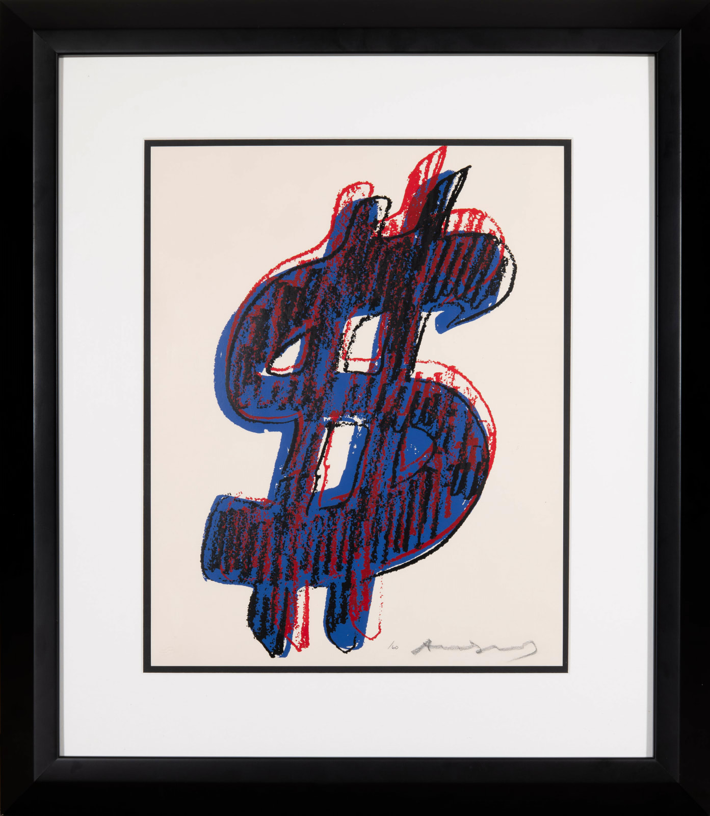 Andy Warhol screenprint of a dark blue US dollar sign with red highlights and signed in the lower right corner in a black frame