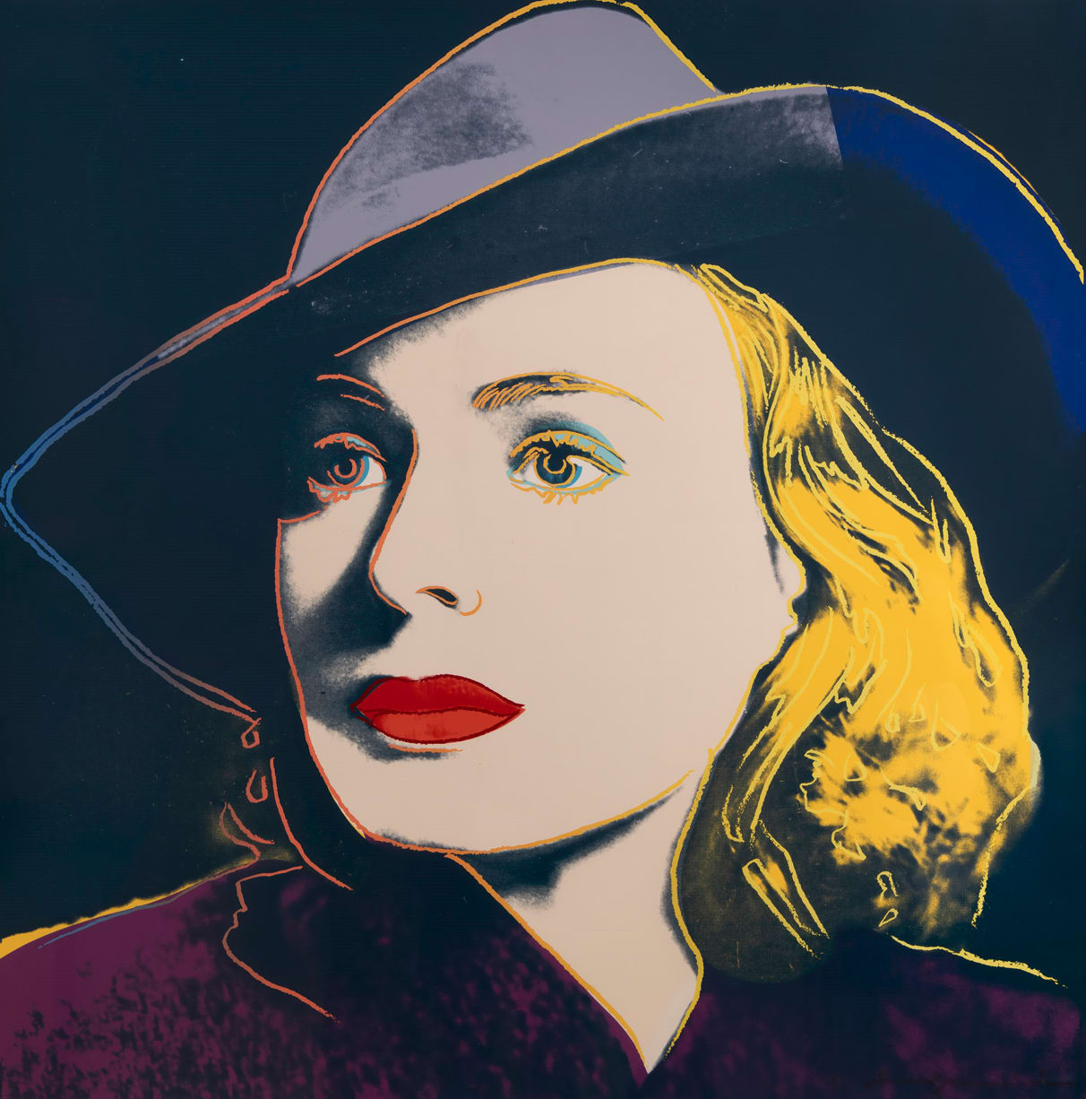 Andy Warhol screenprint Ingrid Bergman with black background, purple coat, grey hat, blonde hair and bright red lips