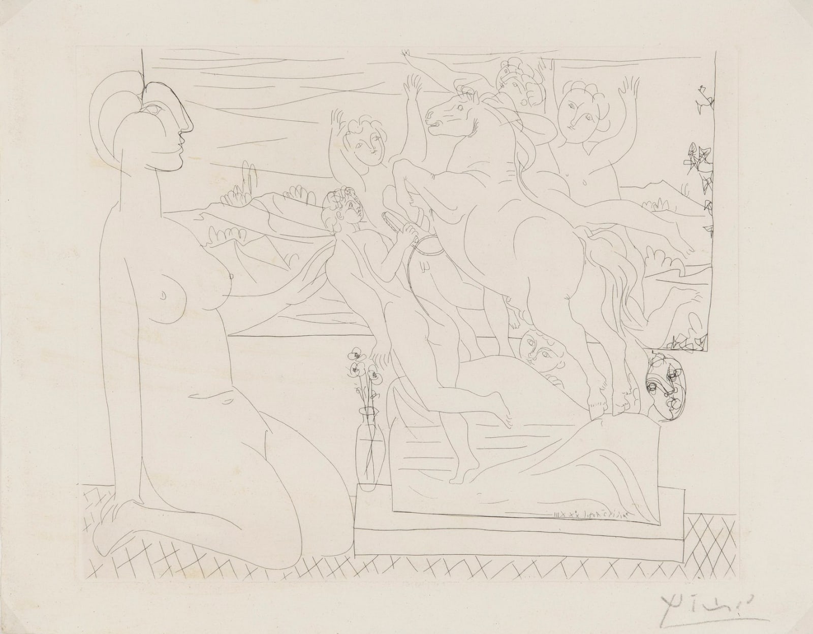 Pablo Picasso, Marie-Therese agenouillee Modele Contemplant un Groupe Sculpte , 1933/1939
