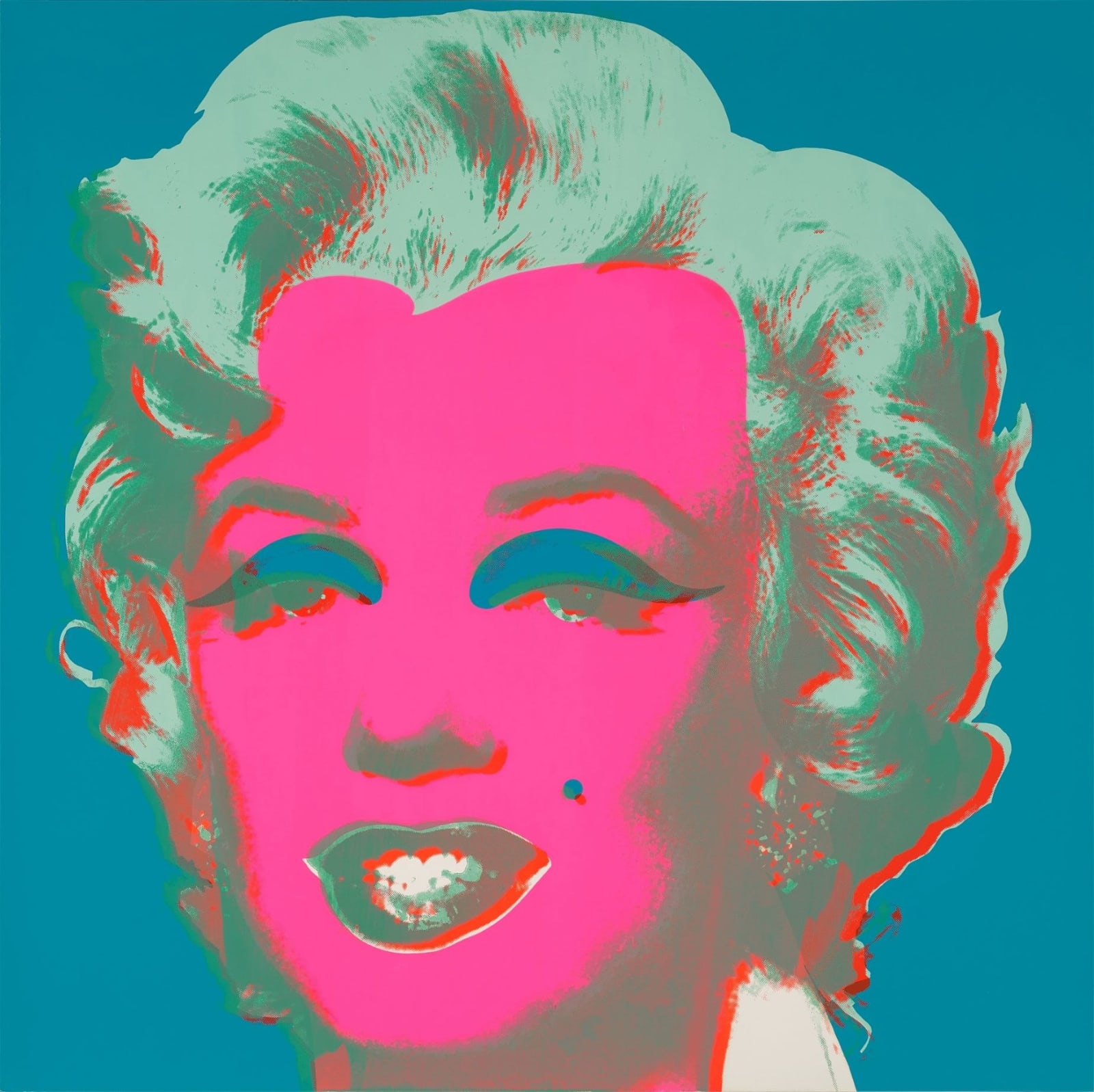 screenprint of Andy Warhol's Marilyn Monroe 30 bright teal hair, turquoise background and eye brows, bright neon pink face