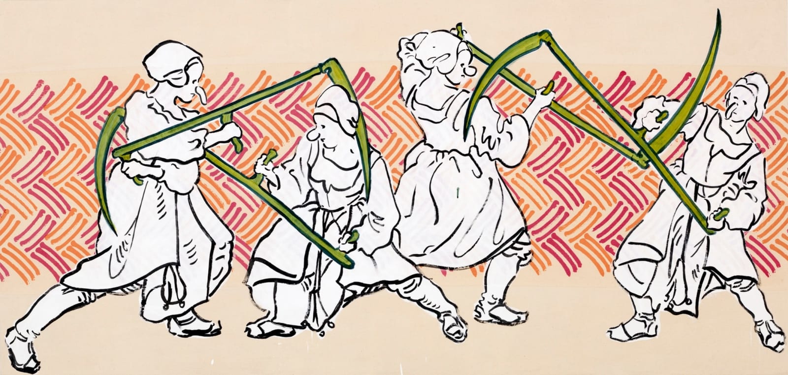 Sigrid Holmwood, Peasants practising fighting with scythes, 2017