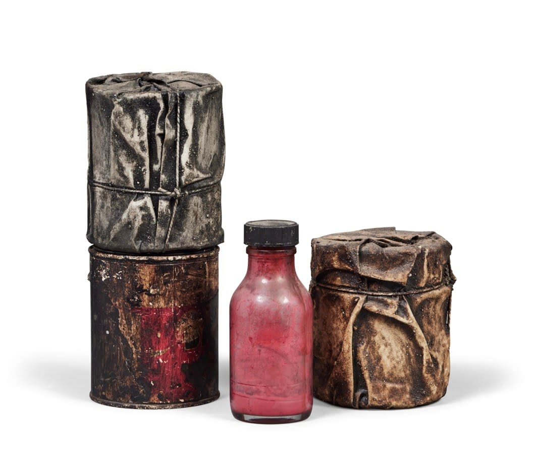 Christo, Wrapped Cans and a Bottle, 1958