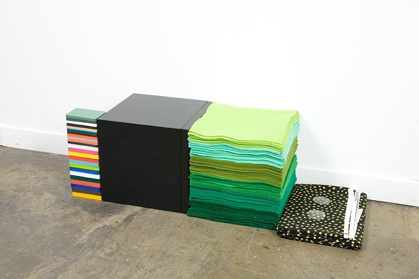 Ryan Gander, Three swatches meets Die Kunst - Certain Death (Somebody's Got to Die) meets the beginnings of a costume for a theatre play about a modern day Robin Hood living in Salford UK, 2008